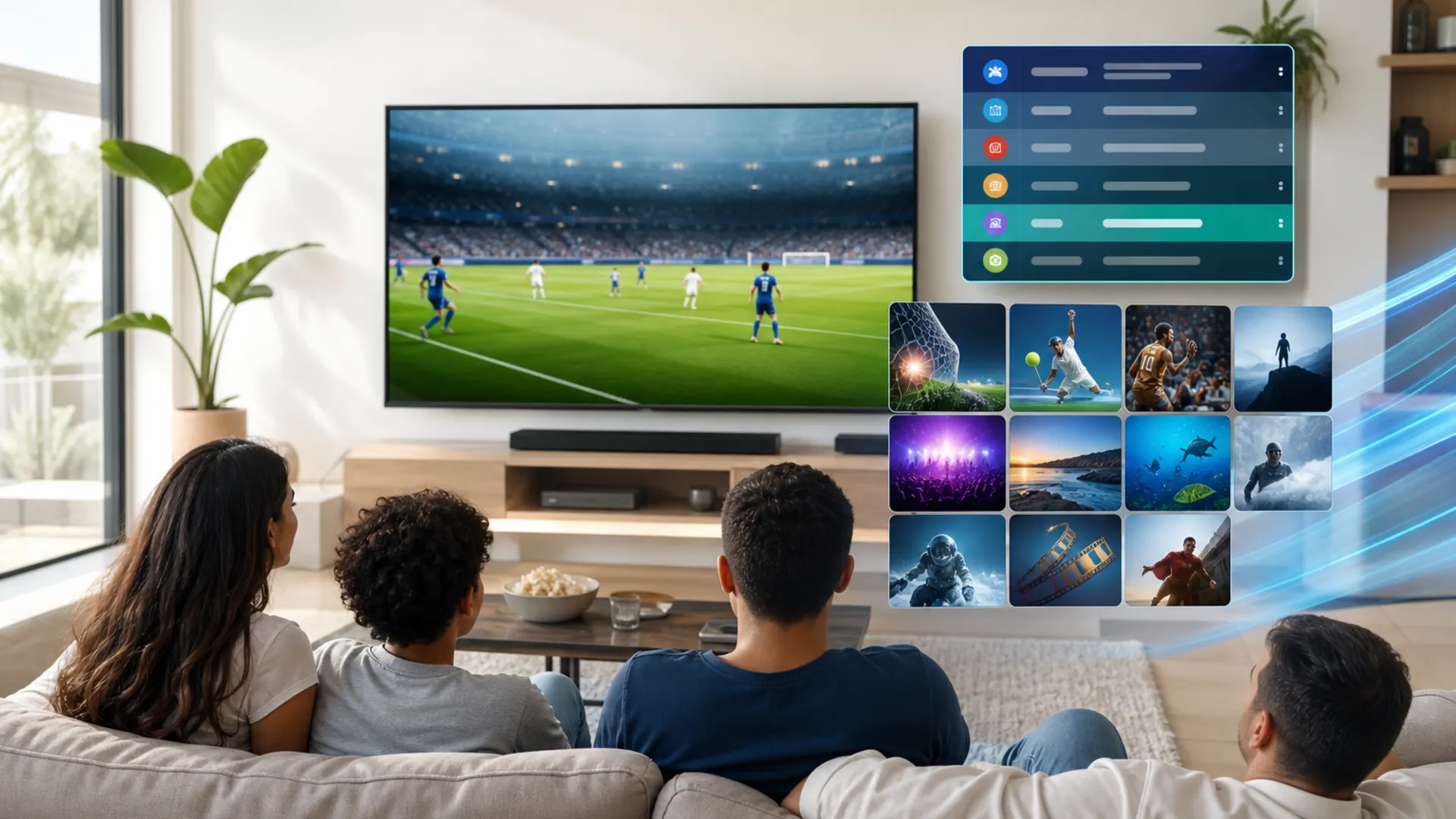 Family watching premium IPTV sports and streaming channels on a smart TV
